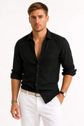Adam | Męska lniana koszula oxford z podwiniętymi rękawami, casualowa koszula button-down | Rokishi | Czarny