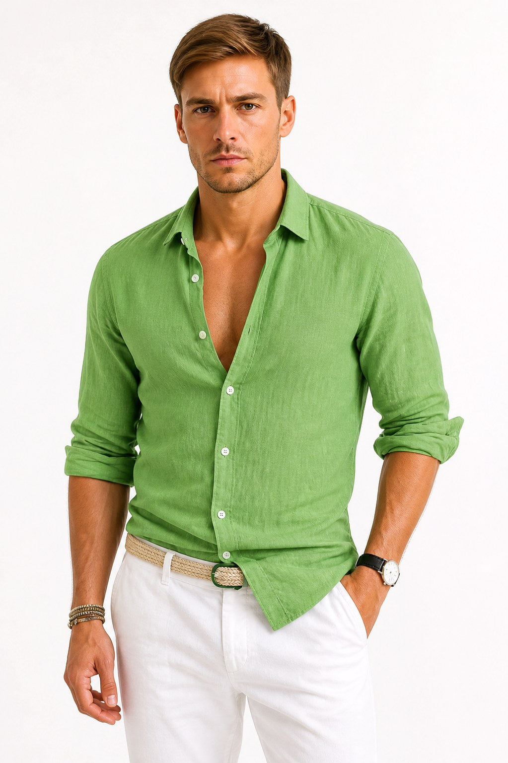 Adam | Męska lniana koszula oxford z podwiniętymi rękawami, casualowa koszula button-down | Rokishi | Szary