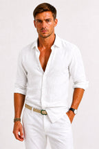 Adam | Męska lniana koszula oxford z podwiniętymi rękawami, casualowa koszula button-down | Rokishi | Szary