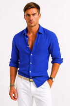 Adam | Męska lniana koszula oxford z podwiniętymi rękawami, casualowa koszula button-down | Rokishi | Czarny