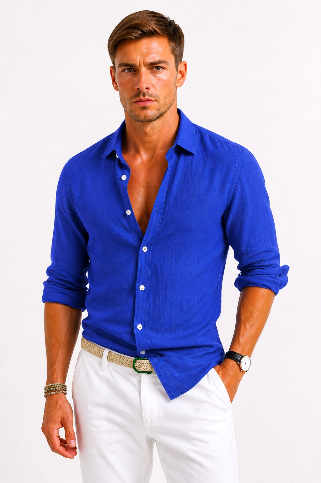 Adam | Męska lniana koszula oxford z podwiniętymi rękawami, casualowa koszula button-down | Rokishi | Czarny