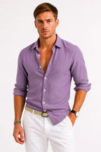 Adam | Męska lniana koszula oxford z podwiniętymi rękawami, casualowa koszula button-down | Rokishi | Czarny
