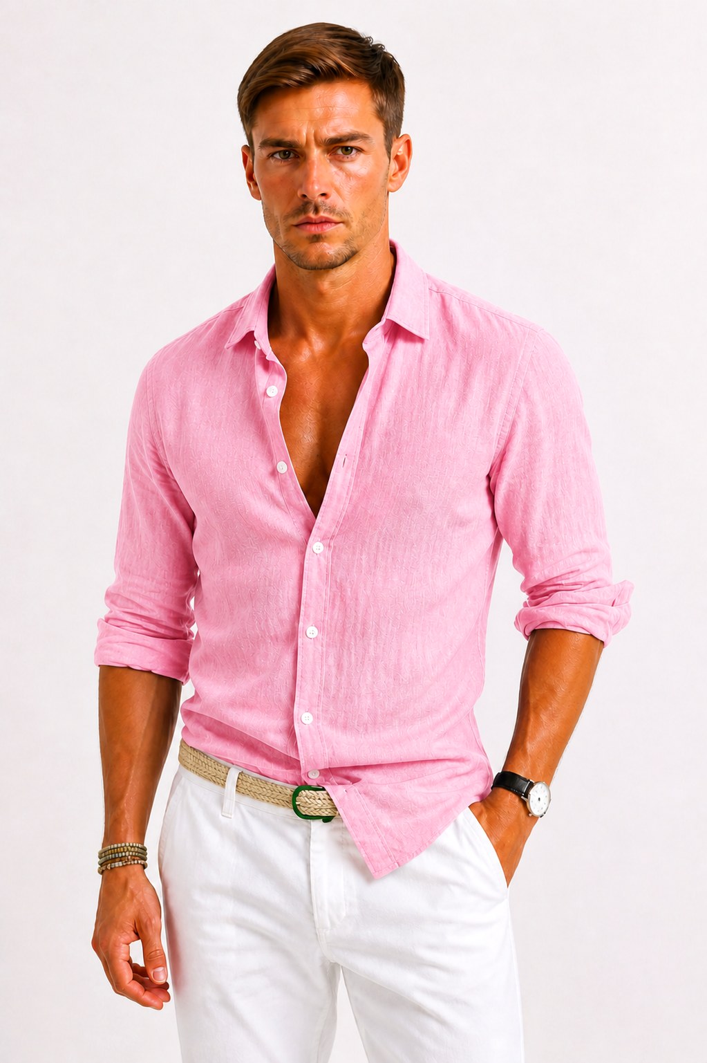 Adam | Męska lniana koszula oxford z podwiniętymi rękawami, casualowa koszula button-down | Rokishi | Szary