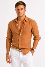 Adam | Męska lniana koszula oxford z podwiniętymi rękawami, casualowa koszula button-down | Rokishi | Szary