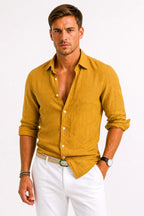 Adam | Męska lniana koszula oxford z podwiniętymi rękawami, casualowa koszula button-down | Rokishi | Szary