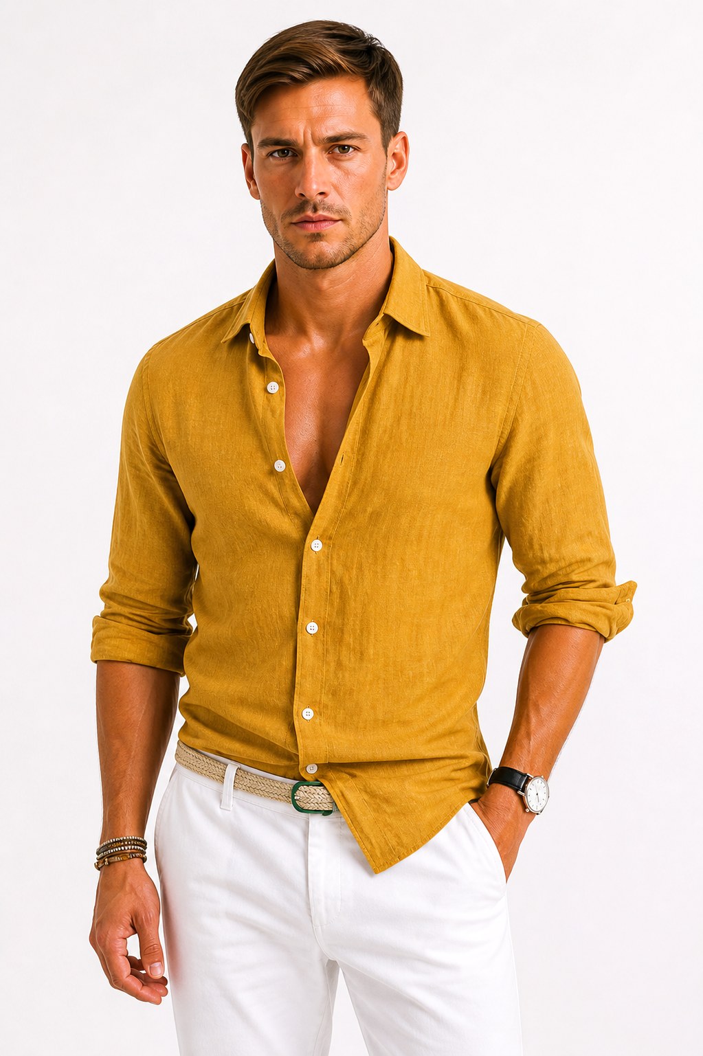 Adam | Męska lniana koszula oxford z podwiniętymi rękawami, casualowa koszula button-down | Rokishi | Szary