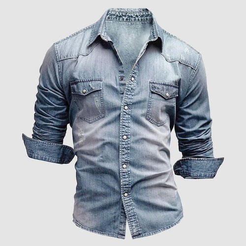 Alexander | Męska koszula jeansowa z długim rękawem w stylu vintage, jeansowa koszula z długim rękawem | Rokishi | Jasnoniebieski