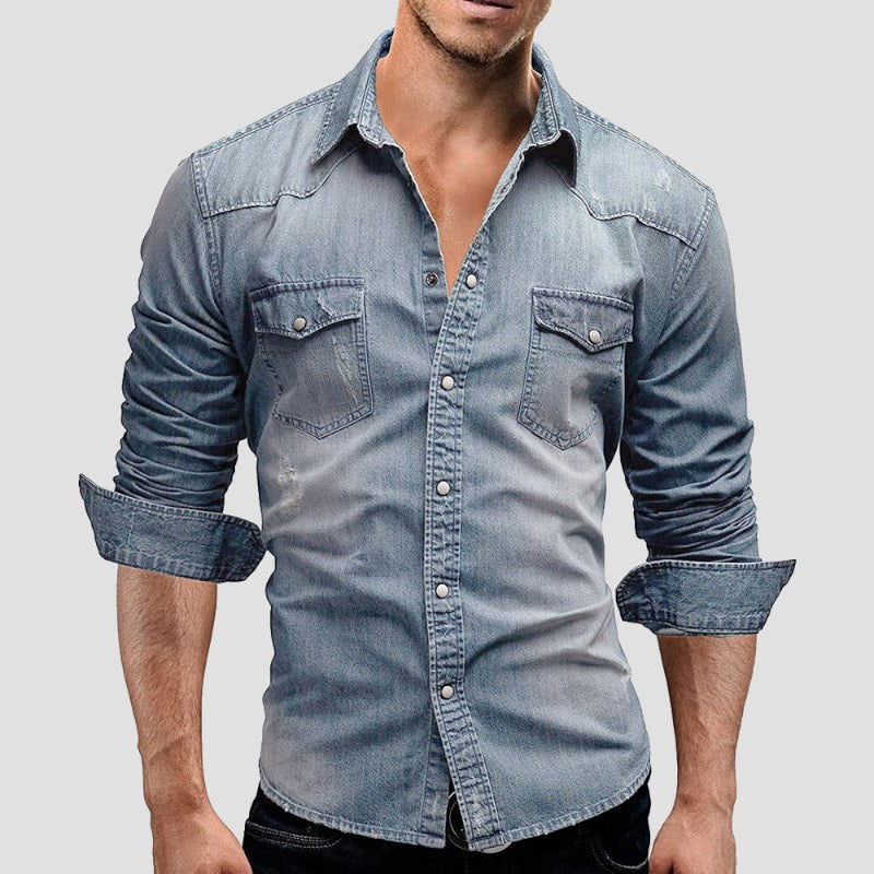 Alexander | Męska koszula jeansowa z długim rękawem w stylu vintage, jeansowa koszula z długim rękawem | Rokishi | Jasnoniebieski