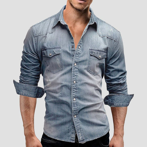 Alexander | Męska koszula jeansowa z długim rękawem w stylu vintage, jeansowa koszula z długim rękawem | Rokishi | Jasnoniebieski