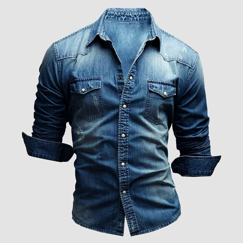 Alexander | Męska koszula jeansowa z długim rękawem w stylu vintage, jeansowa koszula z długim rękawem | Rokishi | Jasnoniebieski