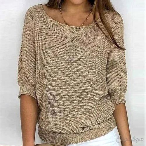 Annelie | Damski sweter z dekoltem w V i krótszymi rękawami, lekki sweter z dzianiny | Rokishi | Beżowy