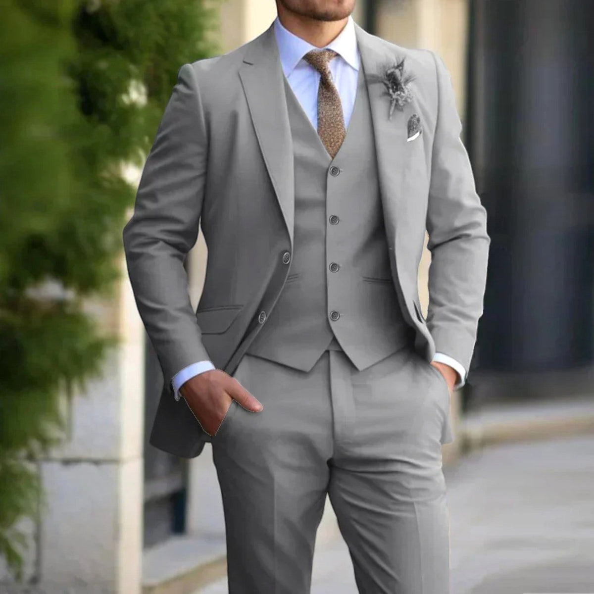 Anton | Męski garnitur slim fit z kamizelką, garnitur trzyczęściowy | Rokishi | Beżowy