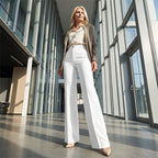 Antonina | Damskie szerokie spodnie z wysokim stanem, eleganckie dopasowane spodnie | Rokishi | Biały