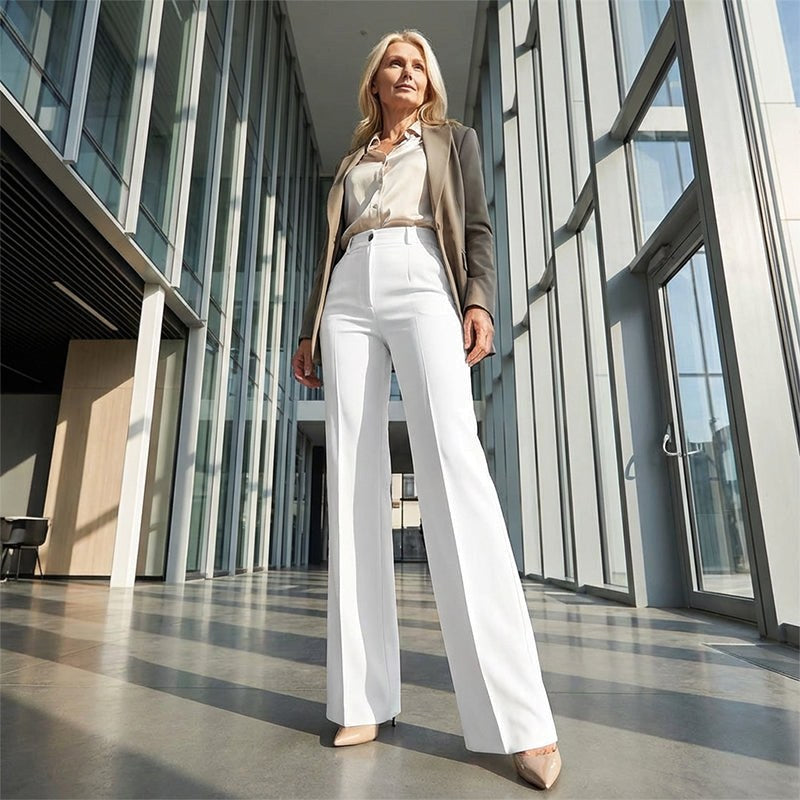 Antonina | Damskie szerokie spodnie z wysokim stanem, eleganckie dopasowane spodnie | Rokishi | Biały