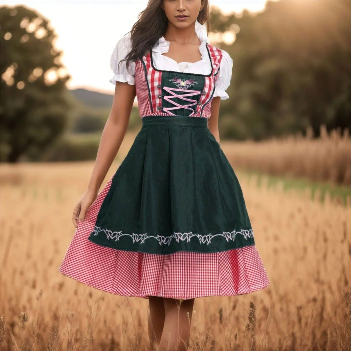 Joanna | Damski dirndl w kratę z krótkimi, bufiastymi rękawami, bawarska sukienka | Rokishi