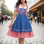 Joanna | Damski dirndl w kratę z krótkimi, bufiastymi rękawami, bawarska sukienka | Rokishi