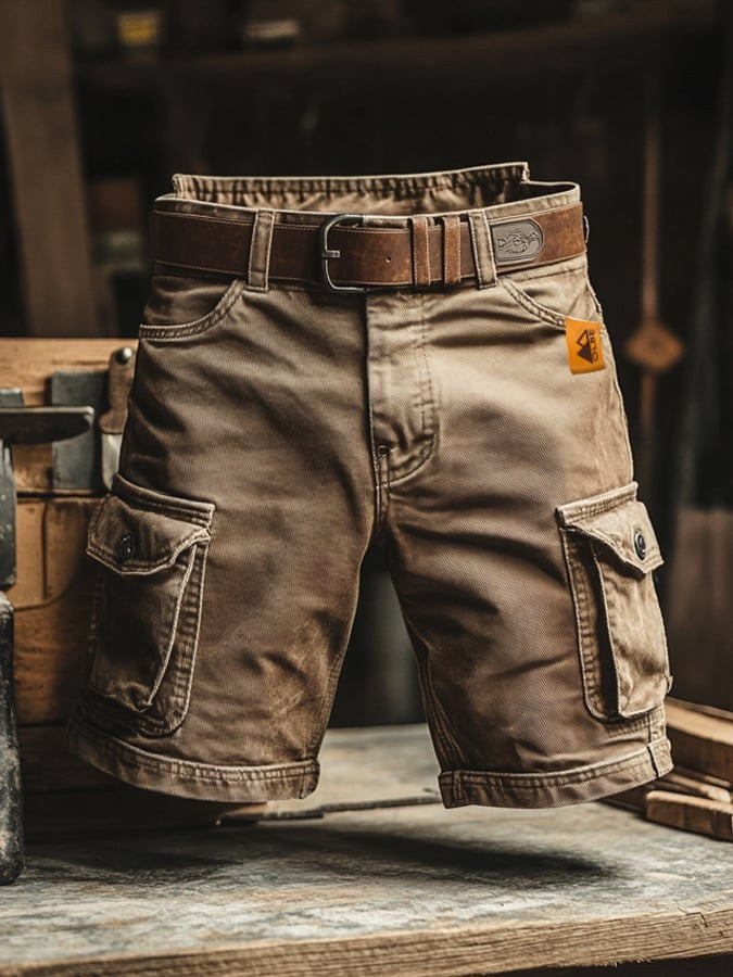 Benedict | Męskie szorty cargo w stylu vintage, luźno krojone szorty typu utility | Rokishi | Brązowy