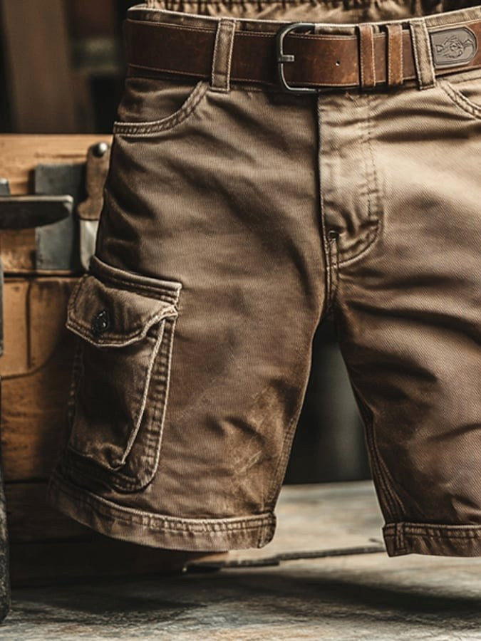 Benedict | Męskie szorty cargo w stylu vintage, luźno krojone szorty typu utility | Rokishi | Brązowy