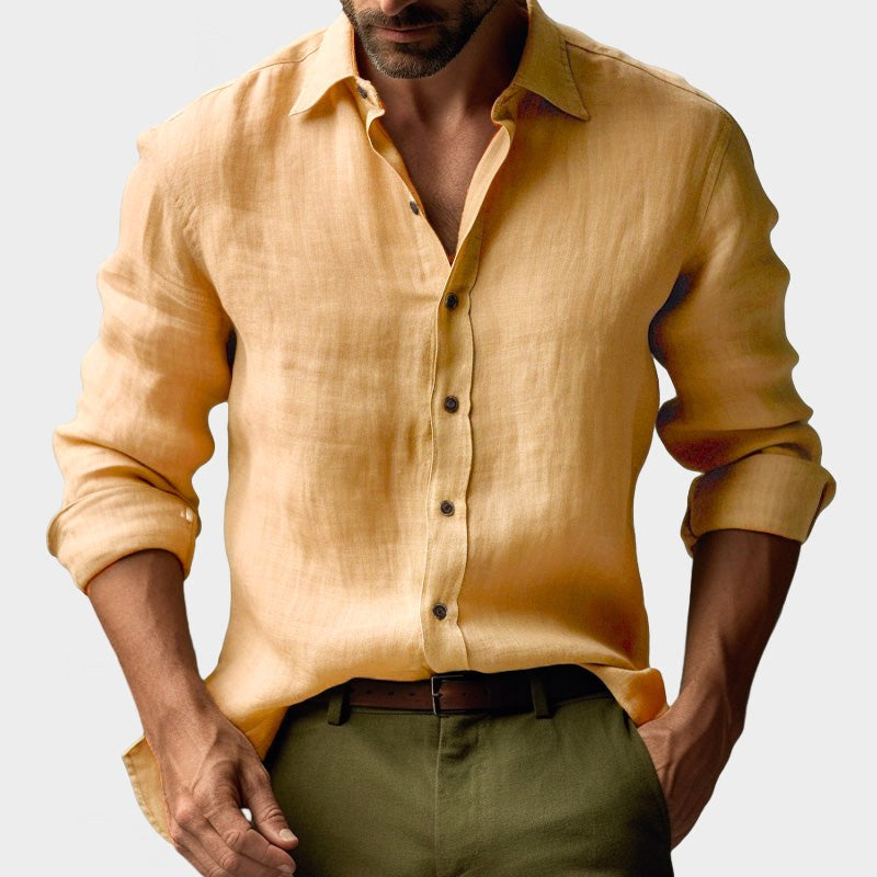 Benjamin | Męska lniana koszula z kołnierzykiem button-down, casualowa koszula z długim rękawem | Rokishi | Żółty