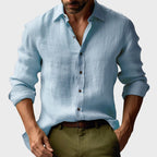 Benjamin | Męska lniana koszula z kołnierzykiem button-down, casualowa koszula z długim rękawem | Rokishi | Żółty