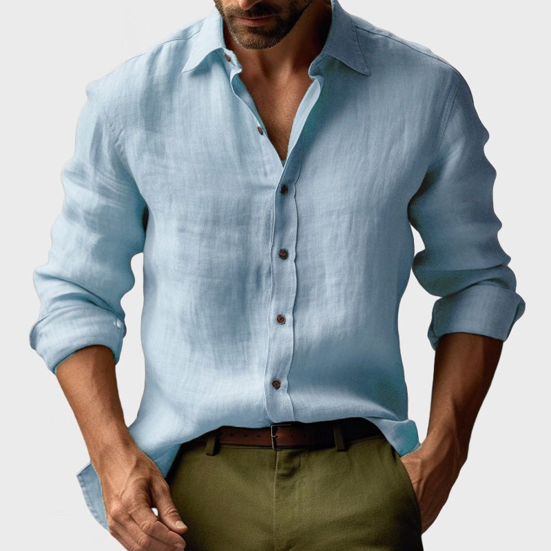 Benjamin | Męska lniana koszula z kołnierzykiem button-down, casualowa koszula z długim rękawem | Rokishi | Żółty