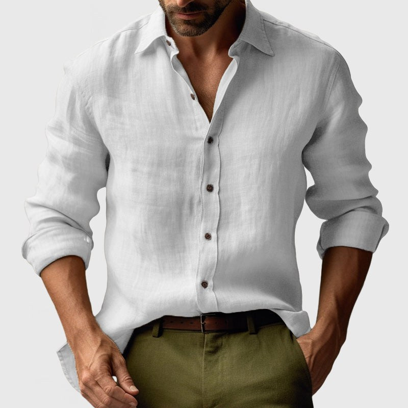 Benjamin | Męska lniana koszula z kołnierzykiem button-down, casualowa koszula z długim rękawem | Rokishi | Żółty