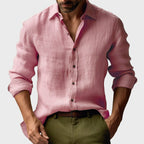 Benjamin | Męska lniana koszula z kołnierzykiem button-down, casualowa koszula z długim rękawem | Rokishi | Żółty