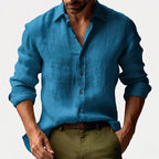 Benjamin | Męska lniana koszula z kołnierzykiem button-down, casualowa koszula z długim rękawem | Rokishi | Żółty