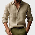 Benjamin | Męska lniana koszula z kołnierzykiem button-down, casualowa koszula z długim rękawem | Rokishi | Żółty