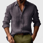 Benjamin | Męska lniana koszula z kołnierzykiem button-down, casualowa koszula z długim rękawem | Rokishi | Jasnoniebieski