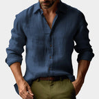 Benjamin | Męska lniana koszula z kołnierzykiem button-down, casualowa koszula z długim rękawem | Rokishi | Jasnoniebieski