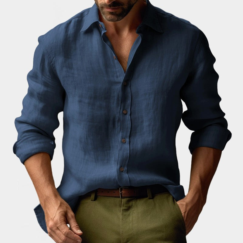 Benjamin | Męska lniana koszula z kołnierzykiem button-down, casualowa koszula z długim rękawem | Rokishi | Jasnoniebieski