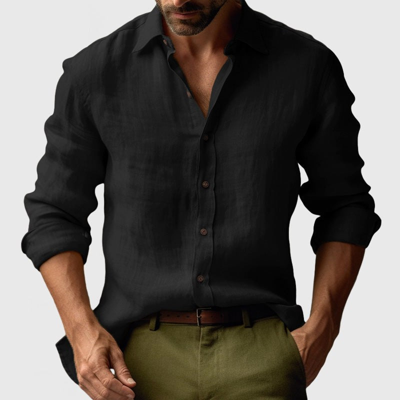 Benjamin | Męska lniana koszula z kołnierzykiem button-down, casualowa koszula z długim rękawem | Rokishi | Jasnoniebieski