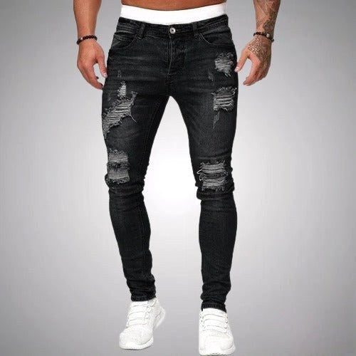 Blake | Męskie jeansy skinny z przetarciami, jeansy w stylu destroyed ze średnim stanem | Rokishi | Czarny