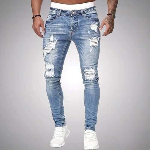Blake | Męskie jeansy skinny z przetarciami, jeansy w stylu destroyed ze średnim stanem | Rokishi | Czarny