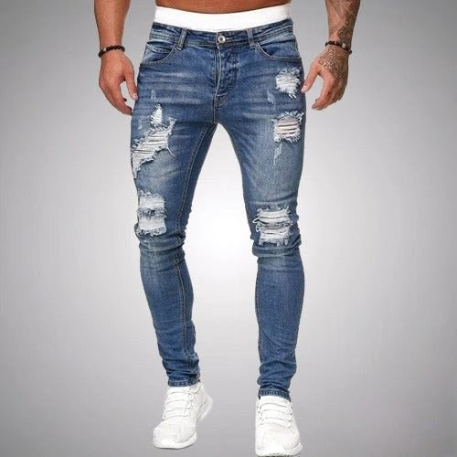 Blake | Męskie jeansy skinny z przetarciami, jeansy w stylu destroyed ze średnim stanem | Rokishi | Czarny