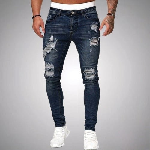 Blake | Męskie jeansy skinny z przetarciami, jeansy w stylu destroyed ze średnim stanem | Rokishi | Czarny