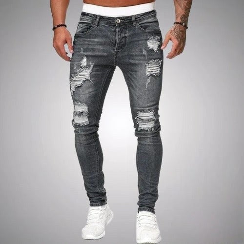Blake | Męskie jeansy skinny z przetarciami, jeansy w stylu destroyed ze średnim stanem | Rokishi | Czarny