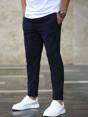 Christian | Męskie spodnie slim fit ze ściągaczem, granatowe chinosy | Rokishi | Czarny