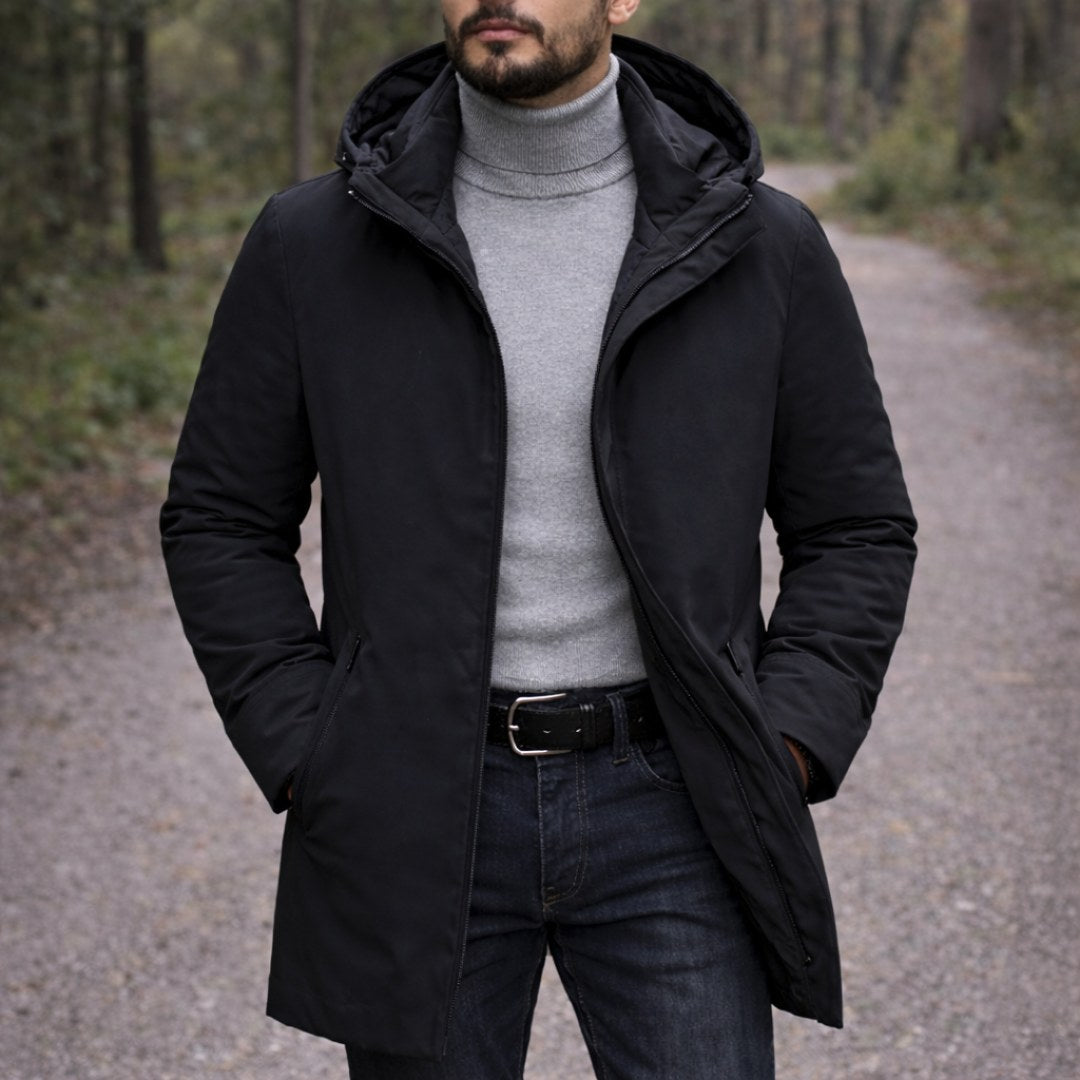 Cody | Męski płaszcz, z kapturem, na sezon przejściowy | Rokishi | Czarny