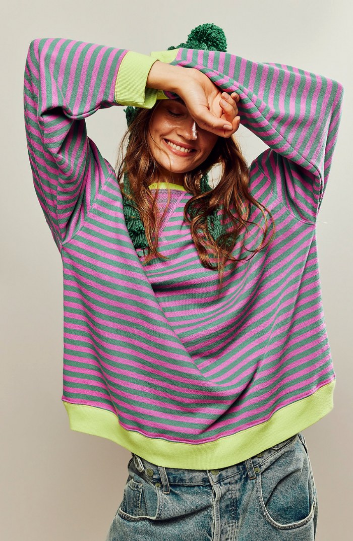 Darcy | Damski pasiasty sweter oversize, swobodnie skrojony sweter z dzianiny | Rokishi | Zielony