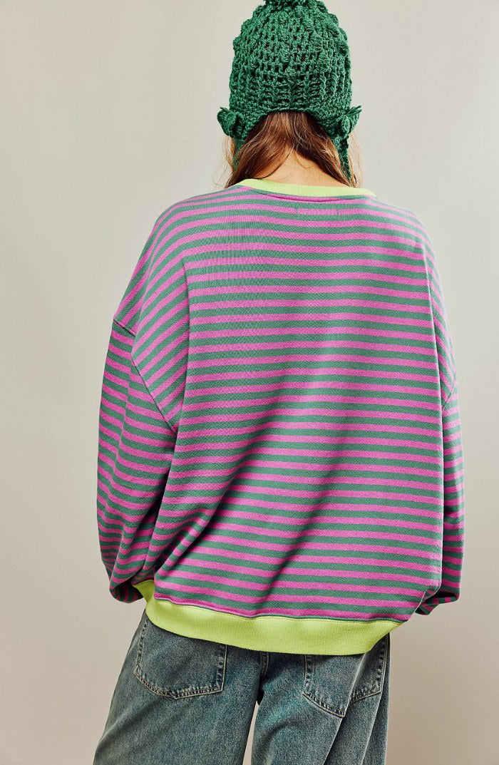 Darcy | Damski pasiasty sweter oversize, swobodnie skrojony sweter z dzianiny | Rokishi | Zielony