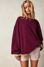 Darcy | Damski pasiasty sweter oversize, swobodnie skrojony sweter z dzianiny | Rokishi | Niebieski