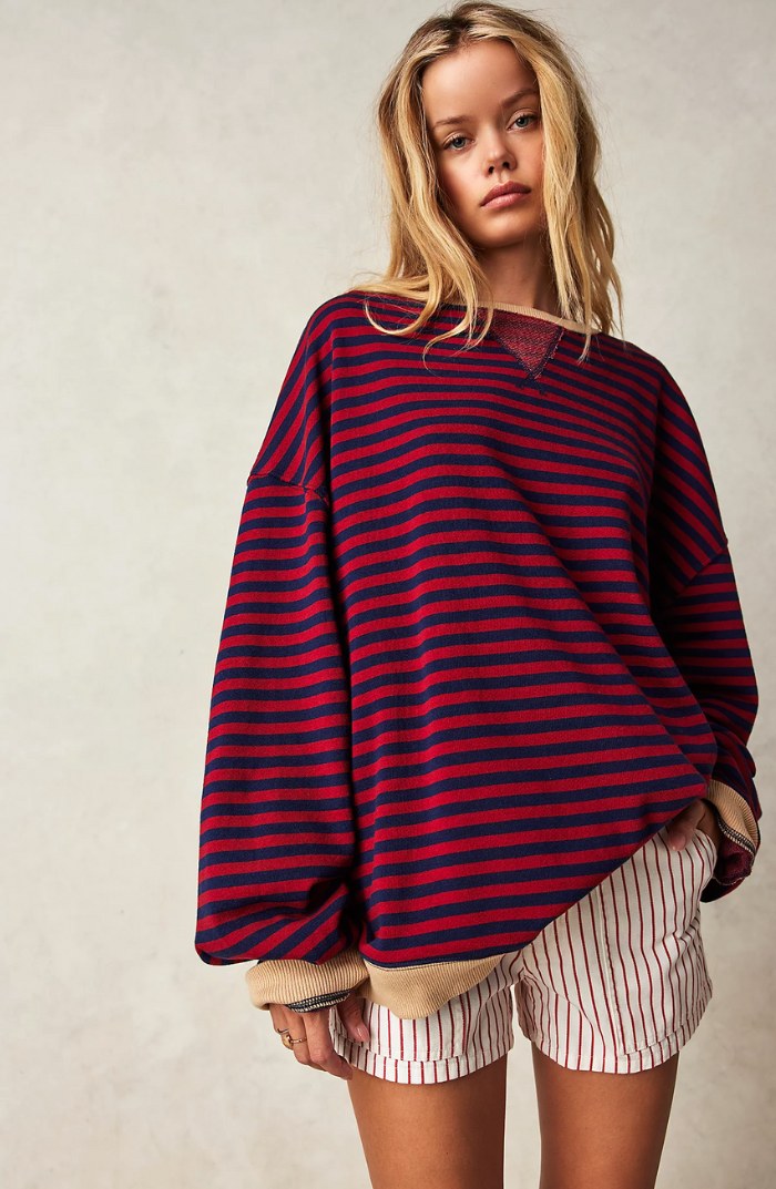 Darcy | Damski pasiasty sweter oversize, swobodnie skrojony sweter z dzianiny | Rokishi | Niebieski