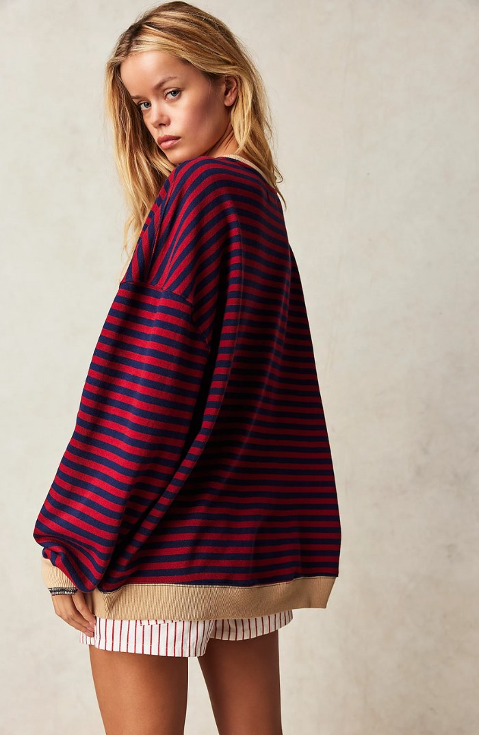 Darcy | Damski pasiasty sweter oversize, swobodnie skrojony sweter z dzianiny | Rokishi | Niebieski