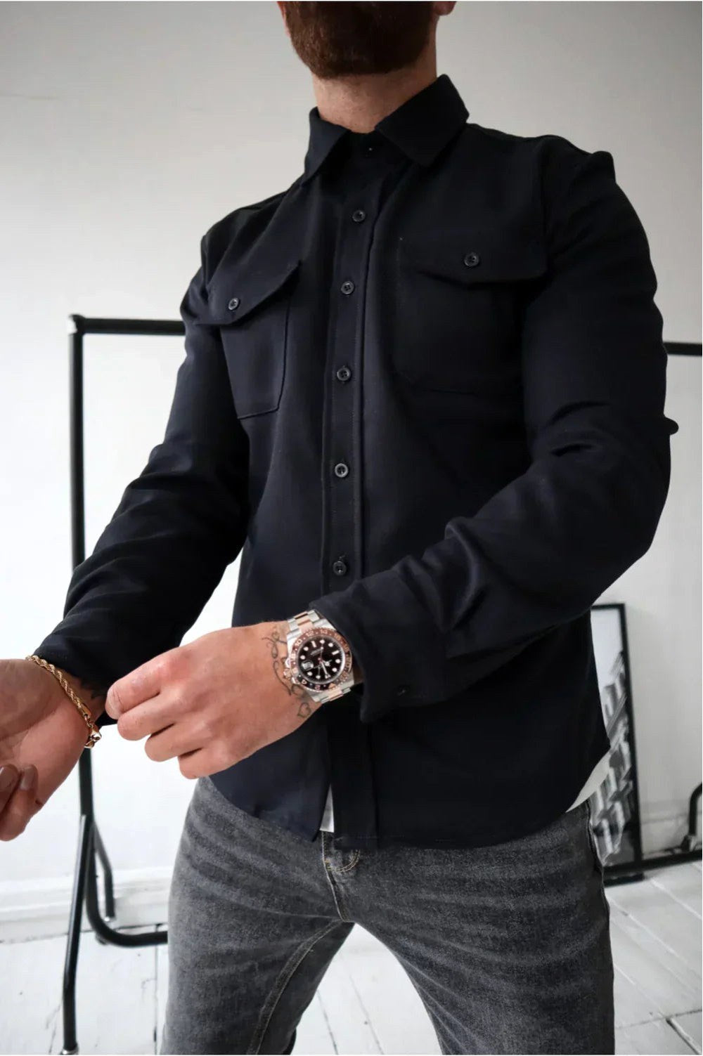 Dominic | Męska koszulowa kurtka z długim rękawem i zapięciem na guziki, luźno skrojony overshirt | Rokishi | Czarny
