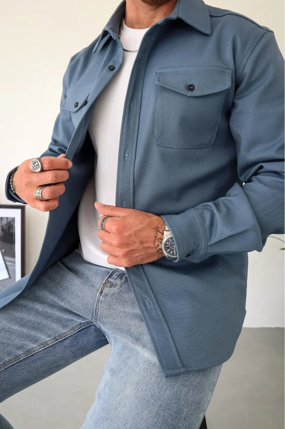 Dominic | Męska koszulowa kurtka z długim rękawem i zapięciem na guziki, luźno skrojony overshirt | Rokishi | Czarny