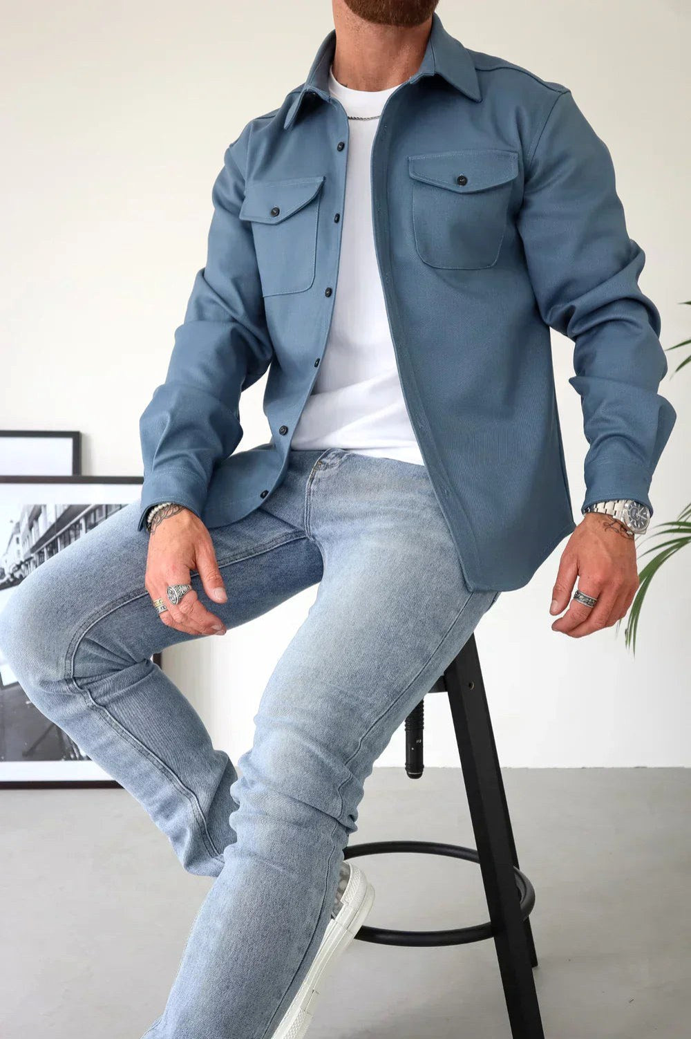 Dominic | Męska koszulowa kurtka z długim rękawem i zapięciem na guziki, luźno skrojony overshirt | Rokishi | Ciemny szary