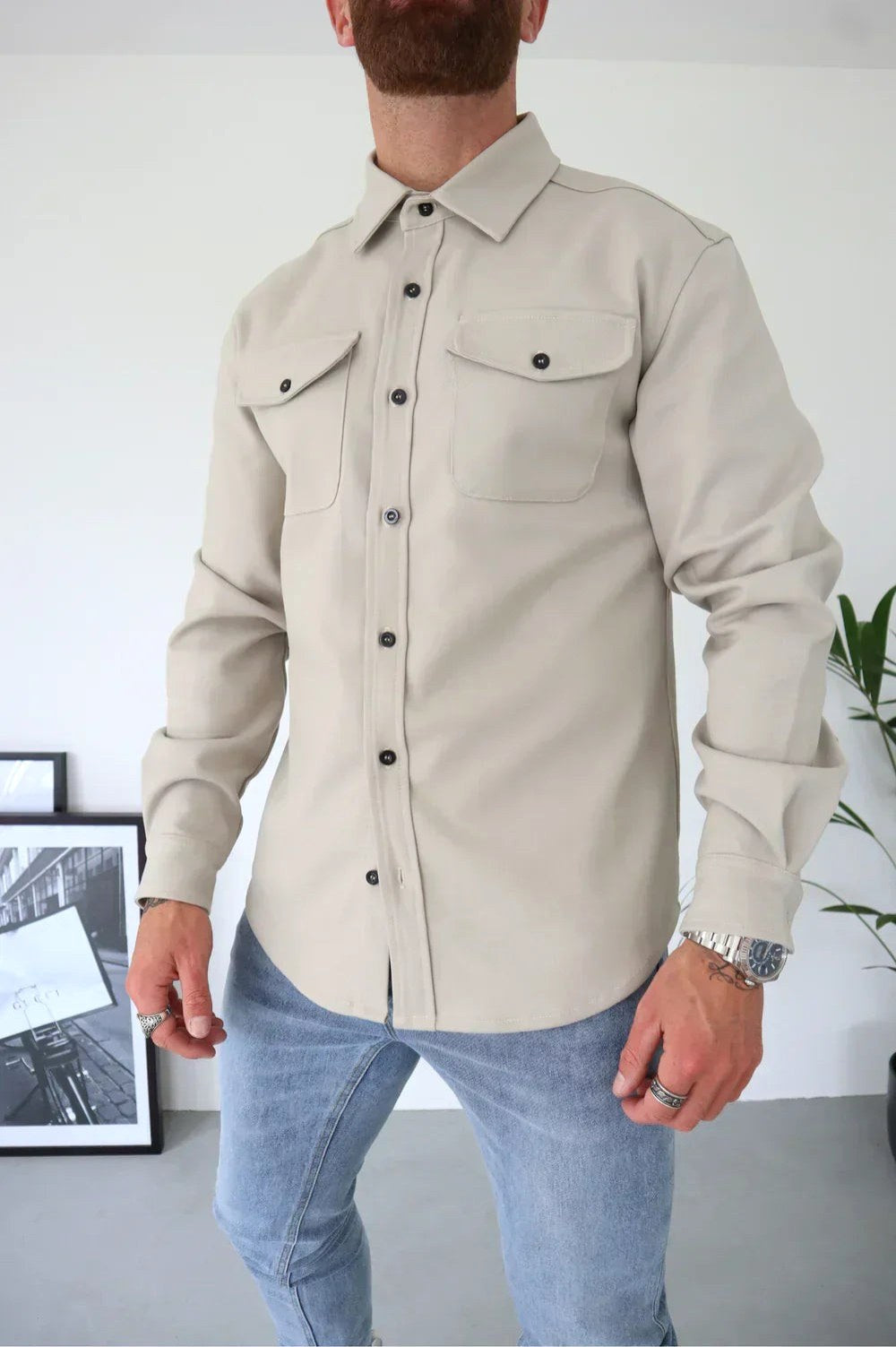 Dominic | Męska koszulowa kurtka z długim rękawem i zapięciem na guziki, luźno skrojony overshirt | Rokishi | Czarny