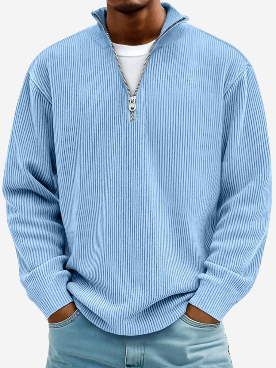 Eckhard | Męska bluza z półzamkiem i prążkowaną fakturą, oversize'owa bluza | Rokishi | Niebieski